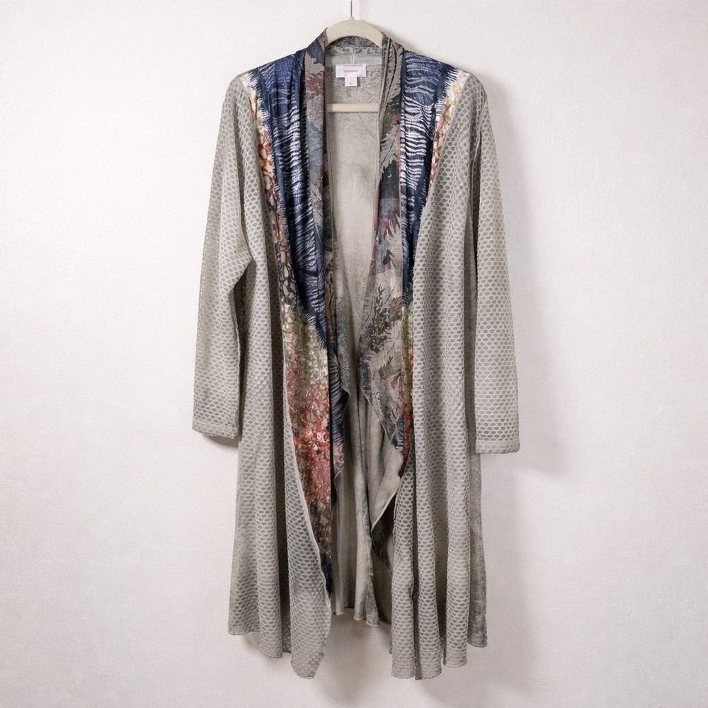 Kamana Open Front Long Cardigan Women XL Mesh Knit Gray Multi Boho Lagenlook